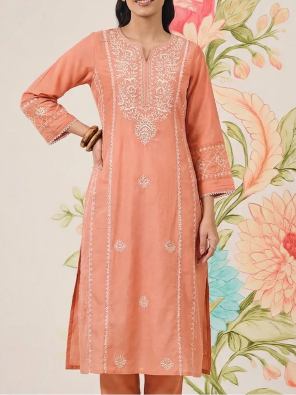 Zainab Light Orange Cotton Blend Embroidered A-Line Kurta dress